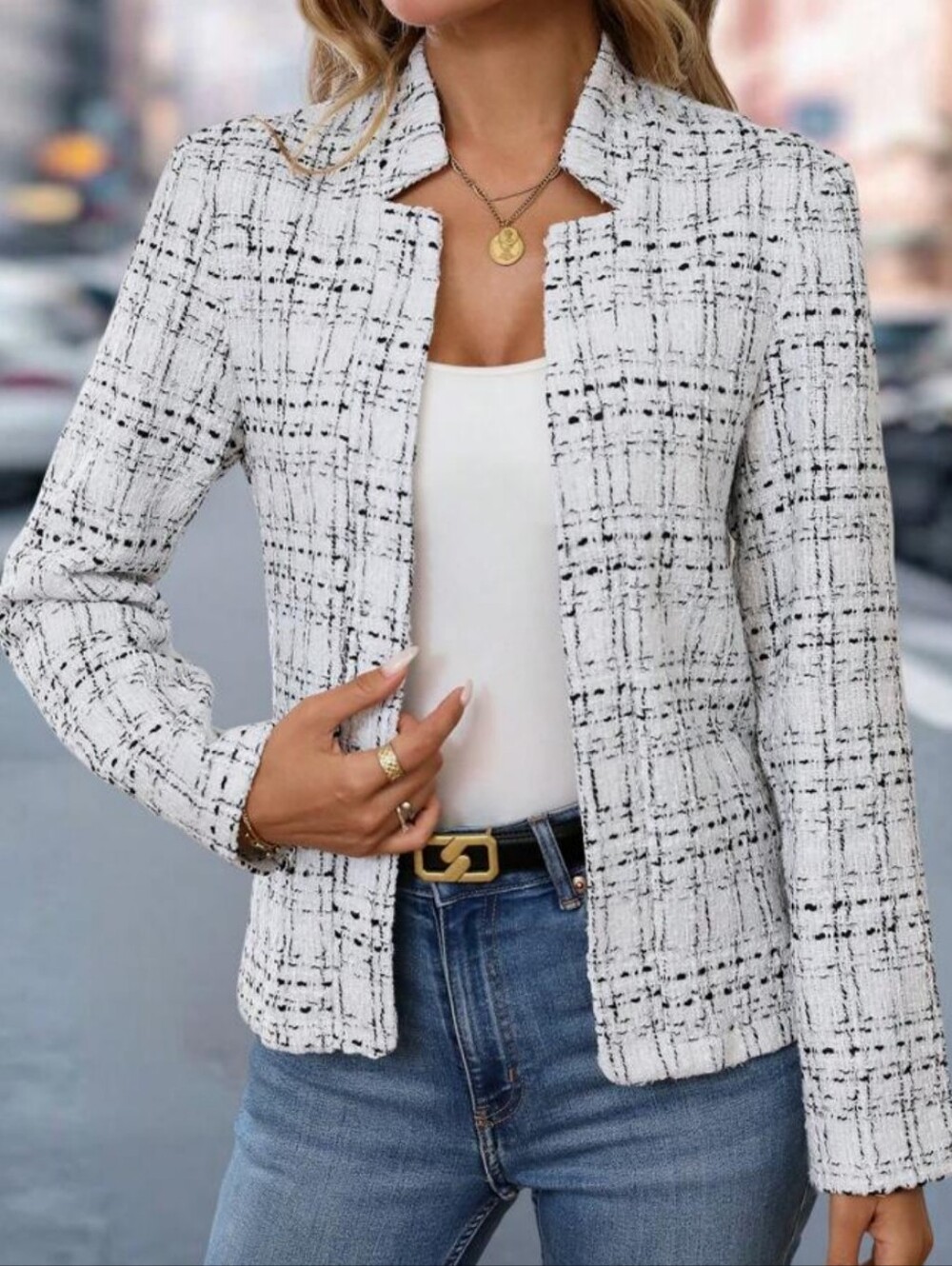 White and Black Tweed Collarless Jacket